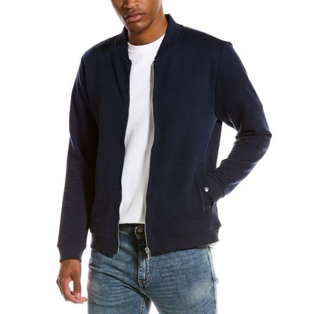 Magaschoni Men's Navy Knit Full Zip Ribbed Trim Bomber Jacket Size XL/16